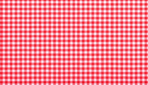 Top view of red gingham fabric arranged as a placemat, classic checkered textile background for food styling, restaurant menus, table settings and rustic design.
