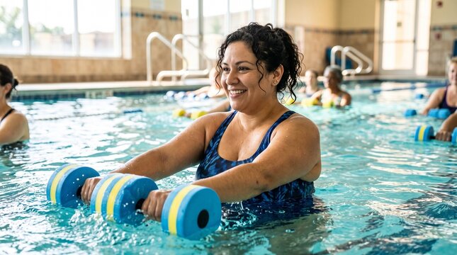 Plus size women enjoying a water aerobics class with foam dumbbells in a swimming pool