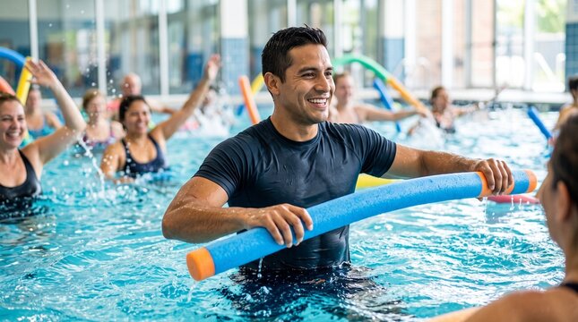 Diverse group of people enjoying a fun and energetic water aerobics class with pool noodles in a bright indoor swimming pool