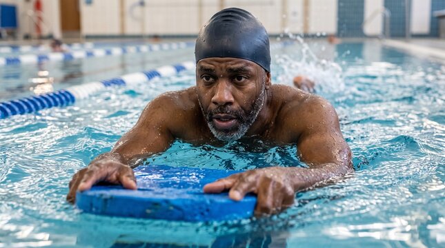 Middle aged African American man swimming laps in a pool with a kickboard for exercise and fitness