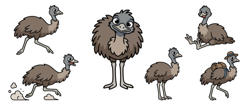 Cartoon Emus in Various Poses Isolated