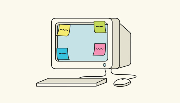Old retro personal computer monitor with colorful post-it sticky notes on screen, keyboard, and mouse.