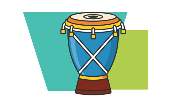 Traditional blue djembe percussion drum with yellow accents displayed on a modern teal and green geometric backdrop.