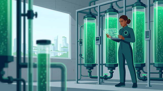 Illustration of a scientist working in a modern biotechnology laboratory with green algae bioreactors and digital tablet