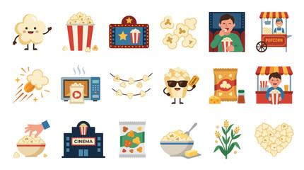 Fototapeta premium Popcorn Icons: Flat Vector Graphics for Cinema and Food Industry