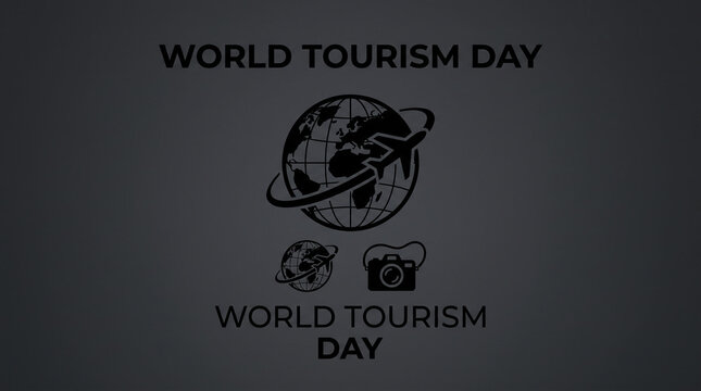 World Tourism Day dark logo with wireframe globe and camera symbols.