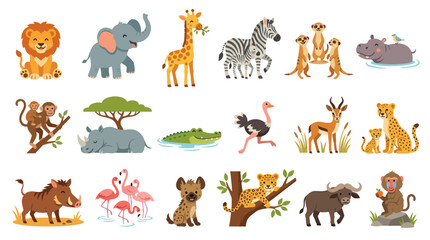 Fototapeta premium Flat Safari Animals Vector Illustration - Cute African Wildlife Collection
