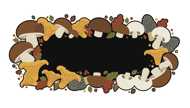 Beautiful oval frame made of wild forest mushrooms, chanterelles, cepes and oak leaves on dark background.