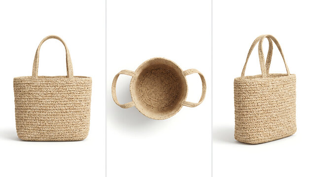Raffia tote bag multiple angle view isolated on white background, product reference sheet