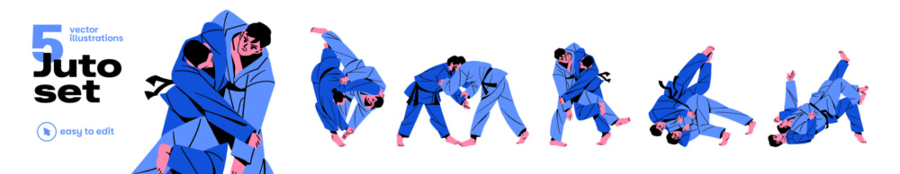 Judo set. Judo characters are wrestling. Men are in karate or taekwondo fight. Athletes of martial arts. Combat competition. Japanese or Chinese sports fight. Wrestlers of karate or wushu in uniform