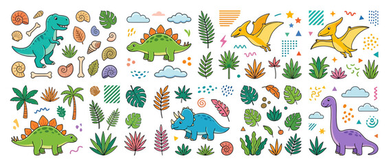 Cute Dinosaur Collection with Tropical Plants and Elements © afira