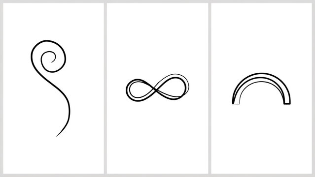 Three minimalist black line symbols on white background, including swirl and infinity