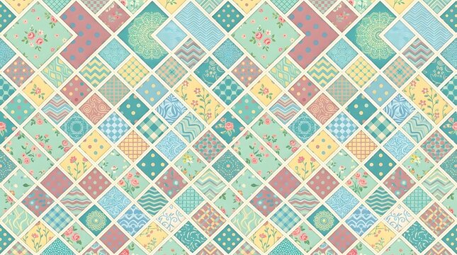 Seamless background pattern featuring colorful decorative diamond shapes with intricate floral and geometric folk art style motifs