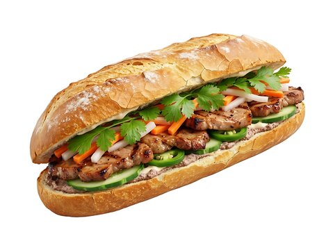Delicious Vietnamese Banh Mi sandwich with grilled meat, fresh cilantro, jalapenos, and pickled vegetables on a baguette
