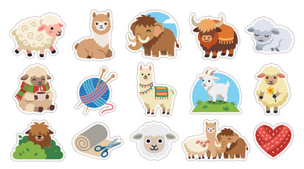Fototapeta premium Cute Flat Cartoon Vector Wool Animals and Fiber Crafting Elements Set for Textile Industry