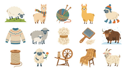 Fototapeta premium Cute Flat Vector Illustration Set of Wool Production Fiber Arts: Animals, Yarn, Knitting, Spinning Tools