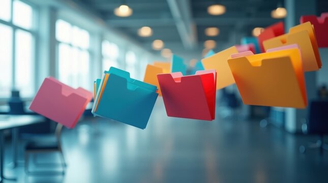 Carpetas digitales flotando a trav&eacute;s de un espacio de trabajo corporativo contempor&aacute;neo, siguiendo una trayectoria organizada y fluida