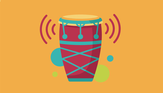Vibrant conga drum icon producing rhythmic sound waves, decorated with abstract geometric shapes on an orange background.