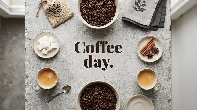 Top view of coffee beans, cups of espresso, sugar cubes, cinnamon sticks, and star anise on a textured stone background, celebrating international coffee day