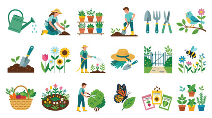 Fototapeta premium Flat Design Vector Icons of Gardening and Farming Activities