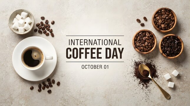 International coffee day concept with a cup of black coffee, coffee beans in wooden bowls, sugar cubes, and ground coffee on a light textured stone background