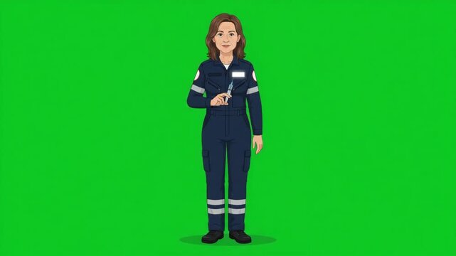Female paramedic in uniform holding a syringe, ready to administer medication or vaccine, on a green screen background.