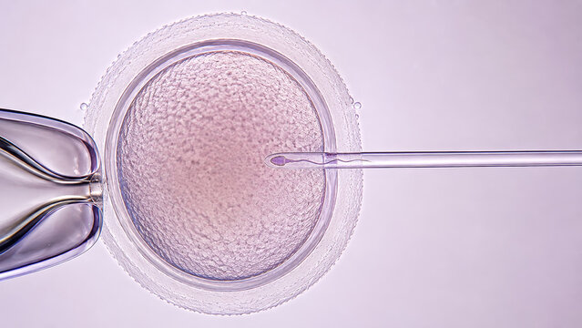 ICSI sperm microinjection into human oocyte in IVF laboratory for fertilization, conception and reproductive infertility