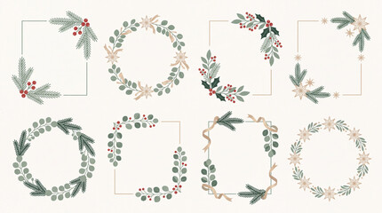 Fototapeta premium Christmas Botanical Frames and Wreaths with Pine Holly and Berries