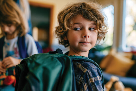 A curious young boy glances back with a playful expression, showcasing the joy and wonder of childhood amidst a cozy home environment filled with vibrant colors.