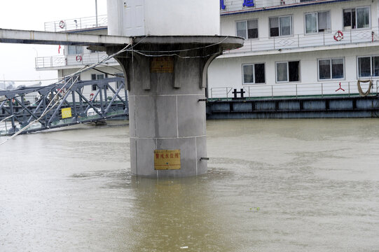 Yangtze River Flood Warning - Rising Water Level at Bridge Support