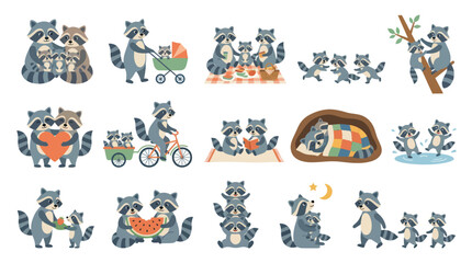Obraz premium Cute Raccoon Family Icons - Flat Vector Animal Illustrations