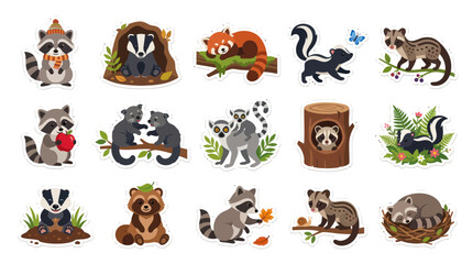 Obraz premium Cute Cartoon Animals Set - Racoon, Skunk, Badger, Lemur, Red Panda, Civet