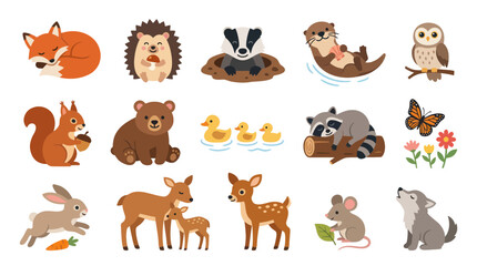 Fototapeta premium Cute Woodland Animals Set, Flat Art, Forest Creatures Illustration