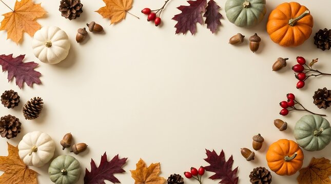 Autumn harvest background with colorful pumpkins acorns and fall leaves arranged in a circular frame on white