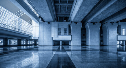 Naklejka premium Captivating Architectural Space with Elegant Blue Tones and Modern Design