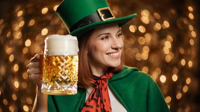Woman in Green Leprechaun Costume Holding Beer Mug.