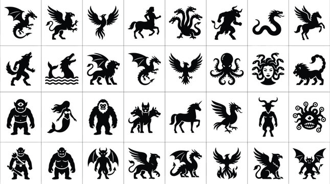 Large collection of 28 mythical creature silhouette icons including dragons, griffins, phoenixes, hydra, minotaur, medusa, unicorn, and other legendary monsters on a white background.