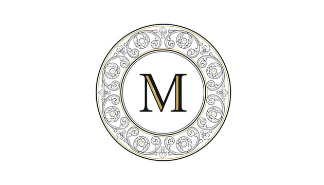 Royal circular monogram with elegant letter m inside an intricate classic baroque ornamental border on white.