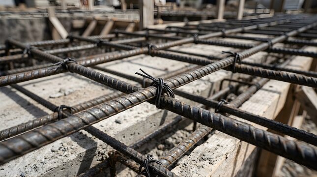 Steel rebar reinforcement tied with wire on construction site foundation