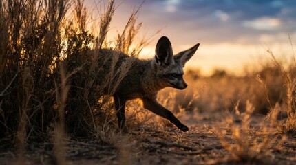 Fototapeta premium Bat-eared Fox in Sunset Desert: A bat-eared fox with its distinctive large ears emerges from dry brush in a desert landscape, illuminated by the golden hues of a setting sun.