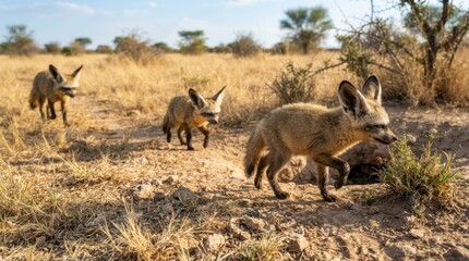Fototapeta premium Bat-Eared Foxes in the Savannah: Three bat-eared foxes with their characteristic large ears trek across a dry, sun-drenched savannah, seeking sustenance amidst sparse vegetation.