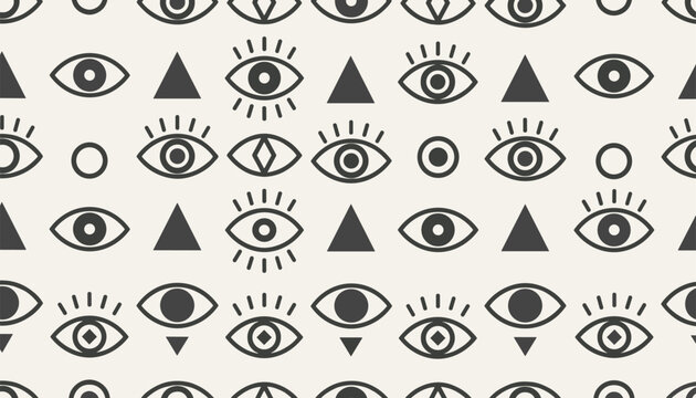 Monochrome seamless pattern featuring abstract protective eye symbols triangles and circles on beige.
