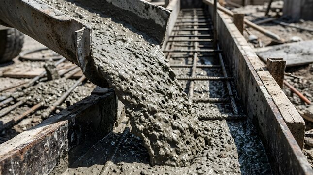Wet concrete pouring into a foundation frame at a construction site