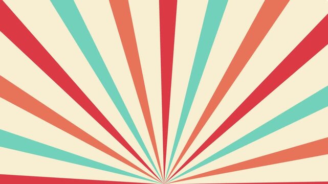 Vintage sunburst rays spin in a seamless loop, using vibrant retro colors that radiate over a bright cream background for stylish motion art video.