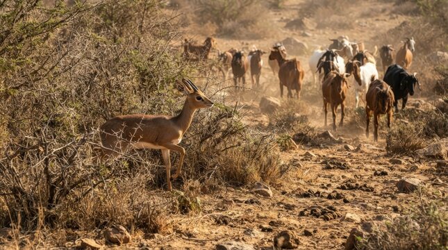 Herd of Goats and a Dik-dik in Arid Landscape: A herd of goats ambles through a dry, rocky terrain, led by a small dik-dik antelope, under the harsh African sun.