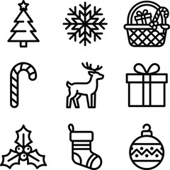 Fototapeta premium Christmas icons outline set with holiday symbols christmas snowflake reindeer stocking ornament illustration collection decoration