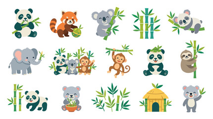 Fototapeta premium Cute Flat Cartoon Animals and Bamboo Vector Set for Children's Nature and Wildlife Themes