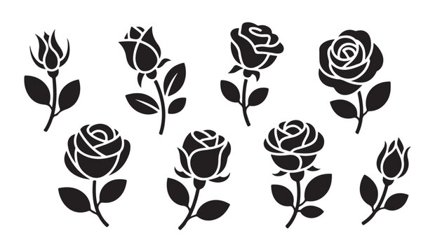 Elegant rose flowers on stems with leaves stencil set ideal for memorial designs and vintage typography.