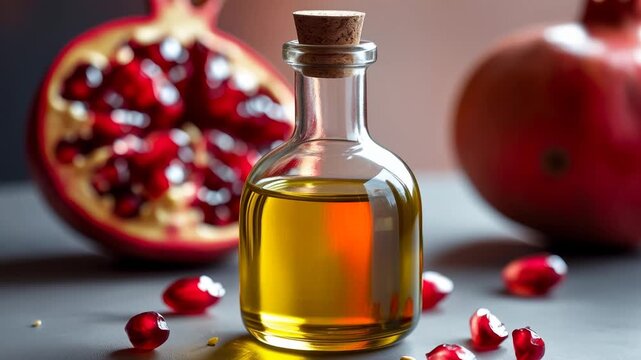 Mockup glass bottle skincare Cosmetic background natural pomegranate fruit superfood AI Generative