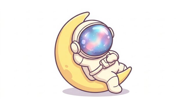 Illustration - Cute astronaut relaxing on a crescent moon in space